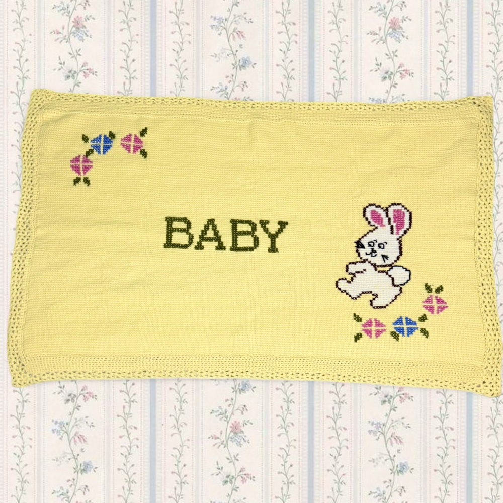 Vintage Handmade‎ Wool Baby Blanket | Bunny Embroidery | Yellow Crib Blanket